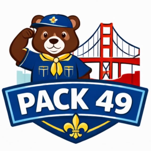 Pack 49 San Francisco logo: a bear cub scout saluting in front of the Golden Gate Bridge